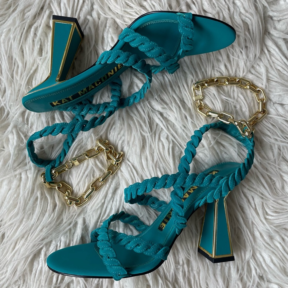 Kat Maconie Teal Blue Gold Chain Avril Hourglass Leather Braided Heels NWOB Sz 8 - Picture 4 of 10